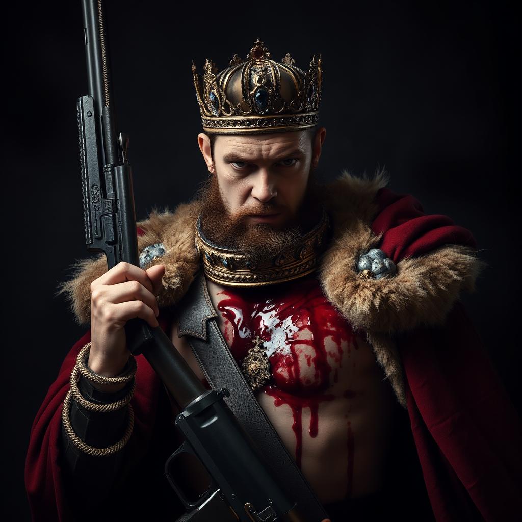 A powerful image of a king with a jeweled crown embedded in his chest, blood oozing from the wound, holding a firearm firmly in his hand