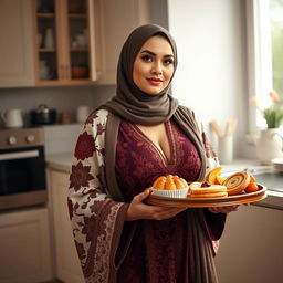 A curvy Russian Muslim model wearing a traditional dress that showcases her big breast cleavage, exuding elegance and confidence