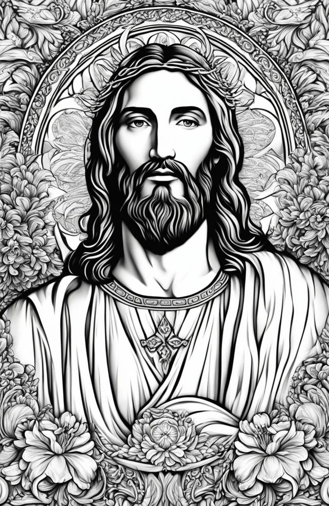 This is a high-resolution, black and white digital art image in the style of a coloring book page