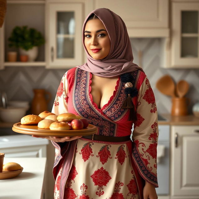 A curvy Russian Muslim model wearing a traditional dress that showcases her big breast cleavage, exuding elegance and confidence