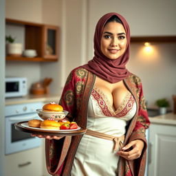 A curvy Russian Muslim model wearing a traditional dress that showcases her big breast cleavage, exuding elegance and confidence