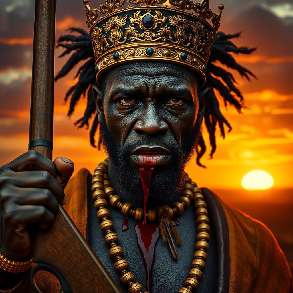 A powerful scene depicting an African king with a majestic black complexion