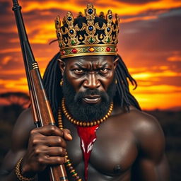 A powerful scene depicting an African king with a majestic black complexion