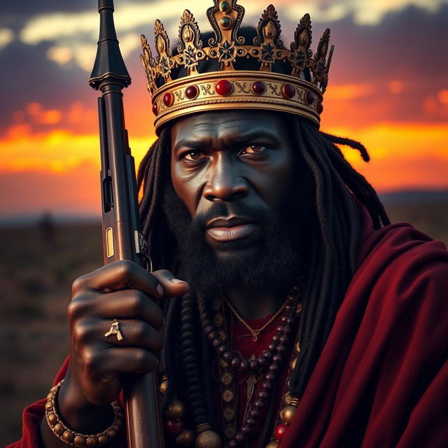 A powerful scene depicting an African king with a majestic black complexion