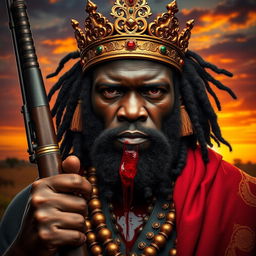 A powerful scene depicting an African king with a majestic black complexion