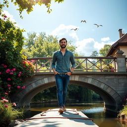 An adult man confidently walking across a picturesque bridge, surrounded by lush greenery and vibrant flowers