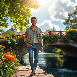 An adult man confidently walking across a picturesque bridge, surrounded by lush greenery and vibrant flowers
