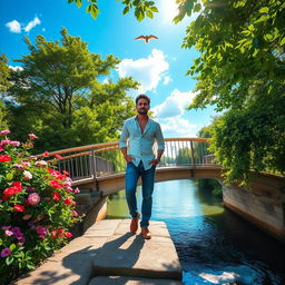 An adult man confidently walking across a picturesque bridge, surrounded by lush greenery and vibrant flowers