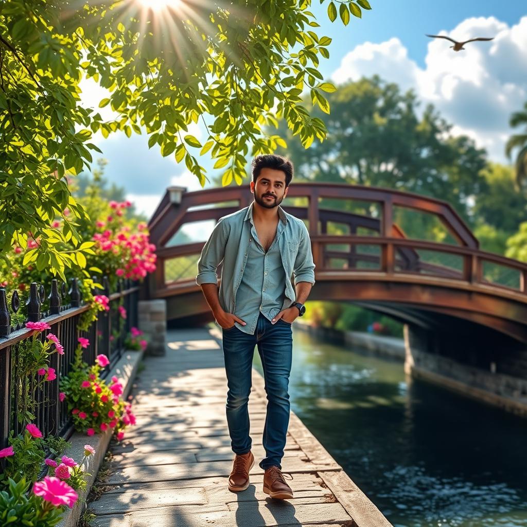 An adult man confidently walking across a picturesque bridge, surrounded by lush greenery and vibrant flowers