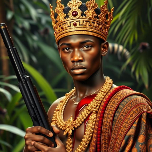 A young African king in his twenties, adorned with a golden crown embedded in his chest, which is bleeding, holding a firearm in his hand