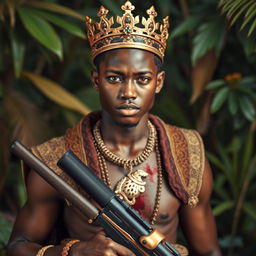 A young African king in his twenties, adorned with a golden crown embedded in his chest, which is bleeding, holding a firearm in his hand