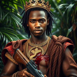 A young African king in his twenties, adorned with a golden crown embedded in his chest, which is bleeding, holding a firearm in his hand