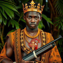 A young African king in his twenties, adorned with a golden crown embedded in his chest, which is bleeding, holding a firearm in his hand