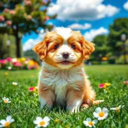 A cute, fluffy puppy sitting in a lush green park, with wide, innocent eyes and a playful expression