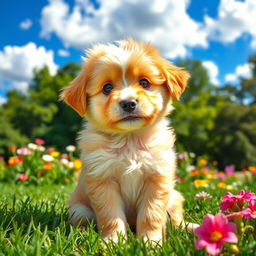A cute, fluffy puppy sitting in a lush green park, with wide, innocent eyes and a playful expression