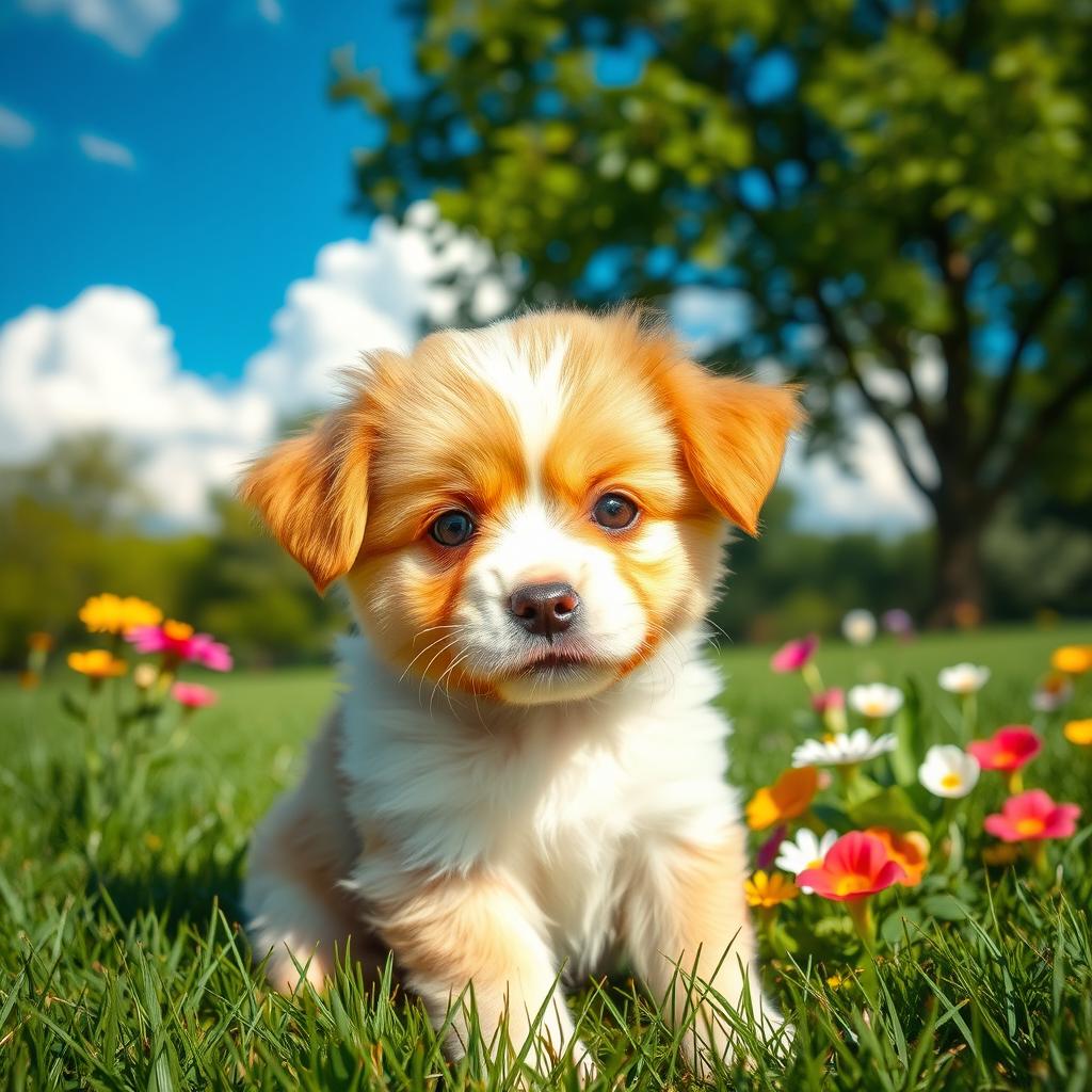 A cute, fluffy puppy sitting in a lush green park, with wide, innocent eyes and a playful expression