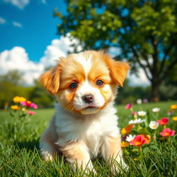 A cute, fluffy puppy sitting in a lush green park, with wide, innocent eyes and a playful expression