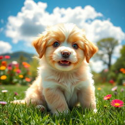 A cute, fluffy puppy sitting in a lush green park, with wide, innocent eyes and a playful expression