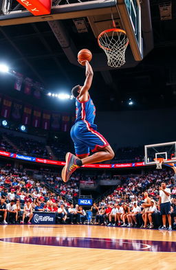 A dynamic scene of a basketball player in mid-air, performing a slam dunk