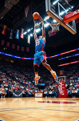 A dynamic scene of a basketball player in mid-air, performing a slam dunk