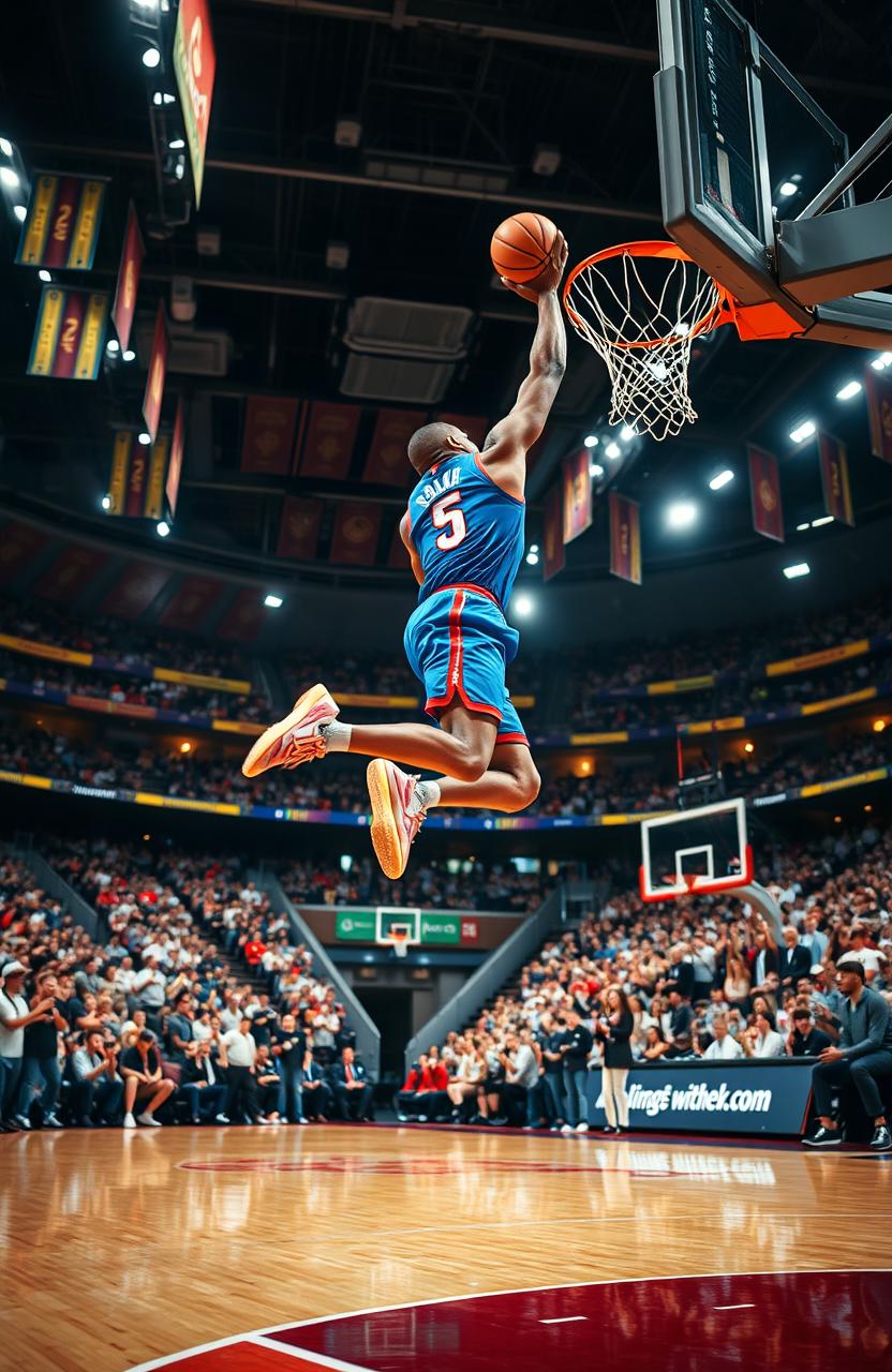 A dynamic scene of a basketball player in mid-air, performing a slam dunk