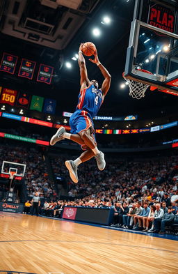A dynamic scene of a basketball player in mid-air, performing a slam dunk
