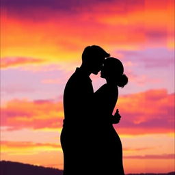 An artistic representation of intimacy, featuring two silhouetted figures embracing against a vibrant sunset background