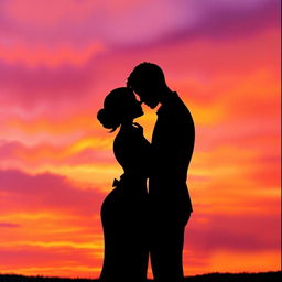 An artistic representation of intimacy, featuring two silhouetted figures embracing against a vibrant sunset background