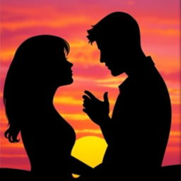 An artistic representation of intimacy, featuring two silhouetted figures embracing against a vibrant sunset background