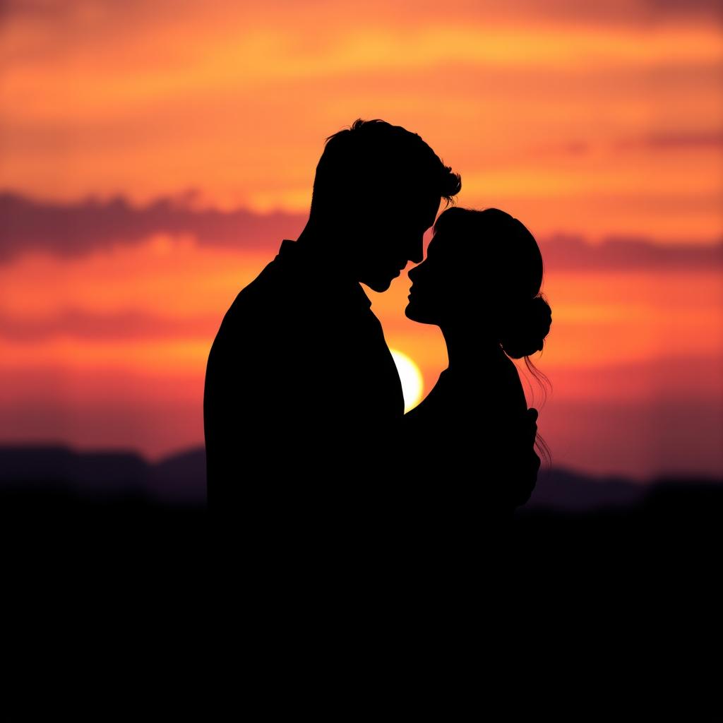 An artistic representation of intimacy, featuring two silhouetted figures embracing against a vibrant sunset background