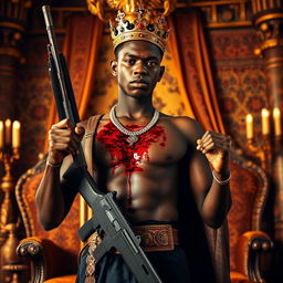 A young African king in his 20s with a bloodied crown embedded into his chest, giving the impression that it has been forcibly placed there