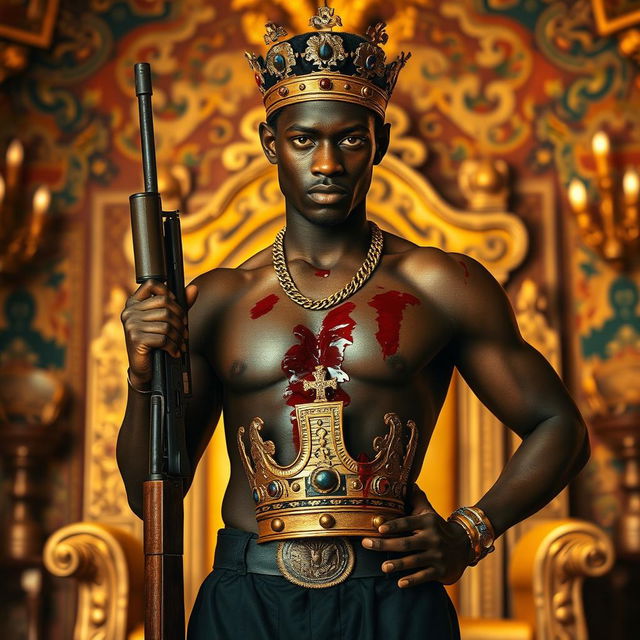 A young African king in his 20s with a bloodied crown embedded into his chest, giving the impression that it has been forcibly placed there