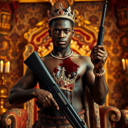 A young African king in his 20s with a bloodied crown embedded into his chest, giving the impression that it has been forcibly placed there