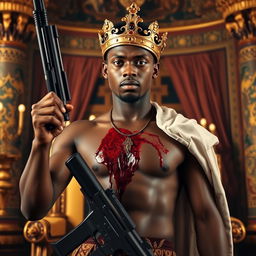 A young African king in his 20s with a bloodied crown embedded into his chest, giving the impression that it has been forcibly placed there