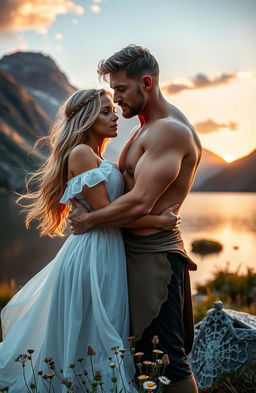 A romantic scene set in the Scottish Highlands, featuring a muscular man without a shirt and a beautiful blonde woman embracing each other by a serene loch