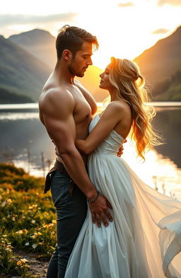 A romantic scene set in the Scottish Highlands, featuring a muscular man without a shirt and a beautiful blonde woman embracing each other by a serene loch