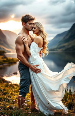 A romantic scene set in the Scottish Highlands, featuring a muscular man without a shirt and a beautiful blonde woman embracing each other by a serene loch
