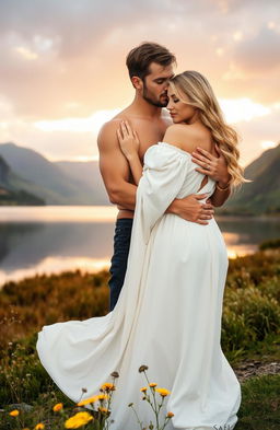 A romantic scene set in the Scottish Highlands, featuring a muscular man without a shirt and a beautiful blonde woman embracing each other by a serene loch