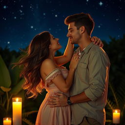 A romantic and intimate scene featuring a couple sharing a passionate kiss under a starlit sky