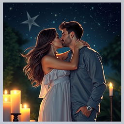 A romantic and intimate scene featuring a couple sharing a passionate kiss under a starlit sky