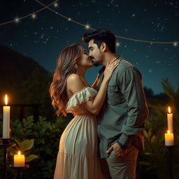 A romantic and intimate scene featuring a couple sharing a passionate kiss under a starlit sky