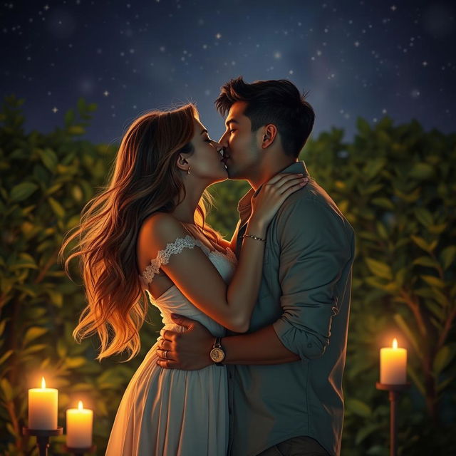 A romantic and intimate scene featuring a couple sharing a passionate kiss under a starlit sky