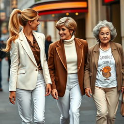 A pretty woman with long blonde hair styled in a ponytail, curled to one side flowing behind her, wearing a chic white blazer, fully buttoned brown dress shirt, and white pants