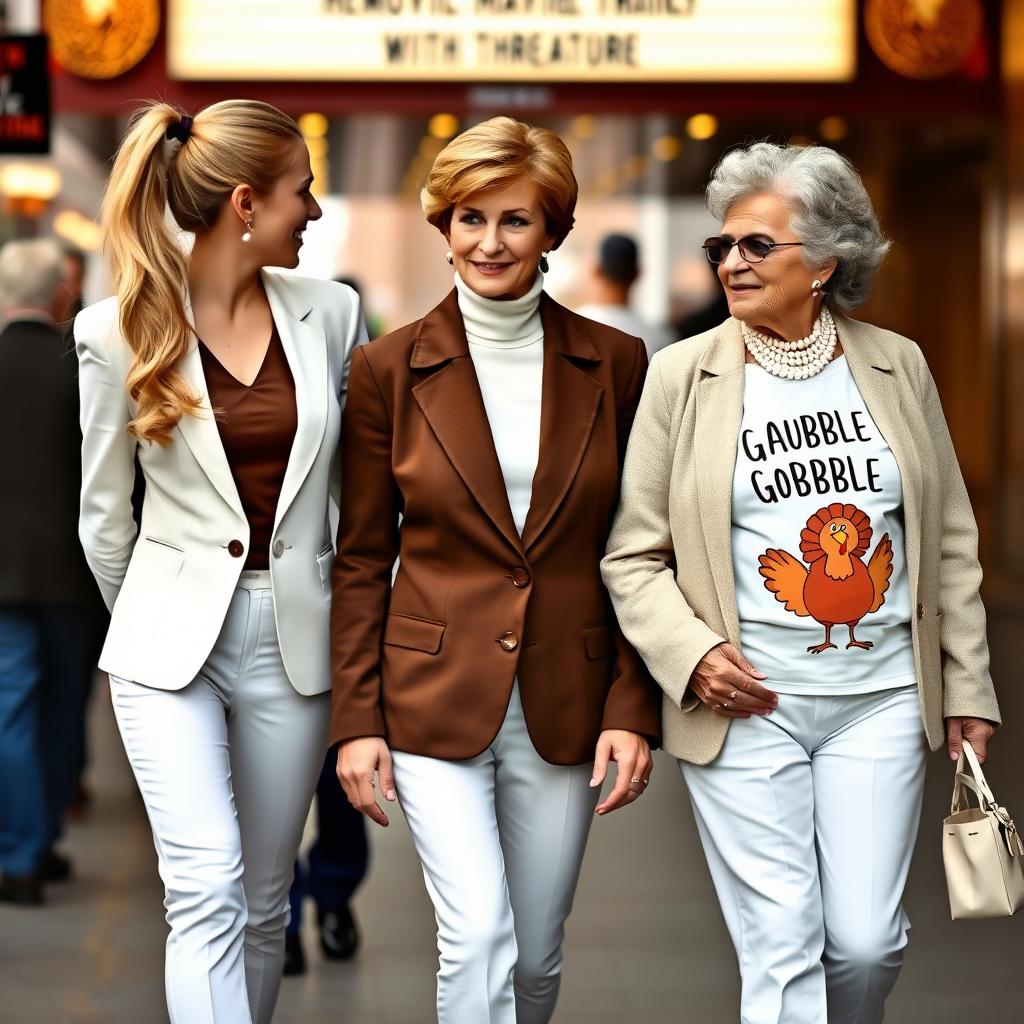 A pretty woman with long blonde hair styled in a ponytail, curled to one side flowing behind her, wearing a chic white blazer, fully buttoned brown dress shirt, and white pants