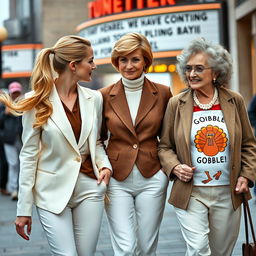 A pretty woman with long blonde hair styled in a ponytail, curled to one side flowing behind her, wearing a chic white blazer, fully buttoned brown dress shirt, and white pants