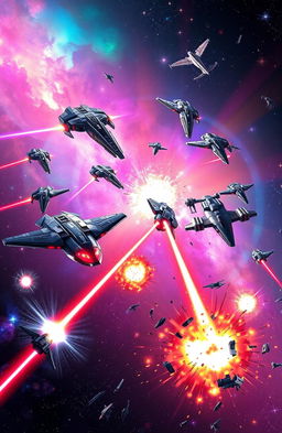 An epic scene of an intergalactic war unfolding in a vibrant universe, featuring two futuristic star fleets in battle against a backdrop of colorful nebulae and distant galaxies