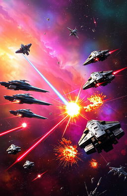 An epic scene of an intergalactic war unfolding in a vibrant universe, featuring two futuristic star fleets in battle against a backdrop of colorful nebulae and distant galaxies