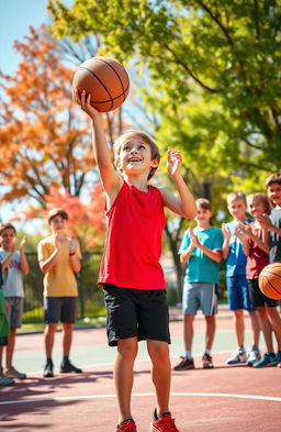 A young boy enthusiastically showcasing his basketball skills on an outdoor court, surrounded by a group of friends who are cheering him on