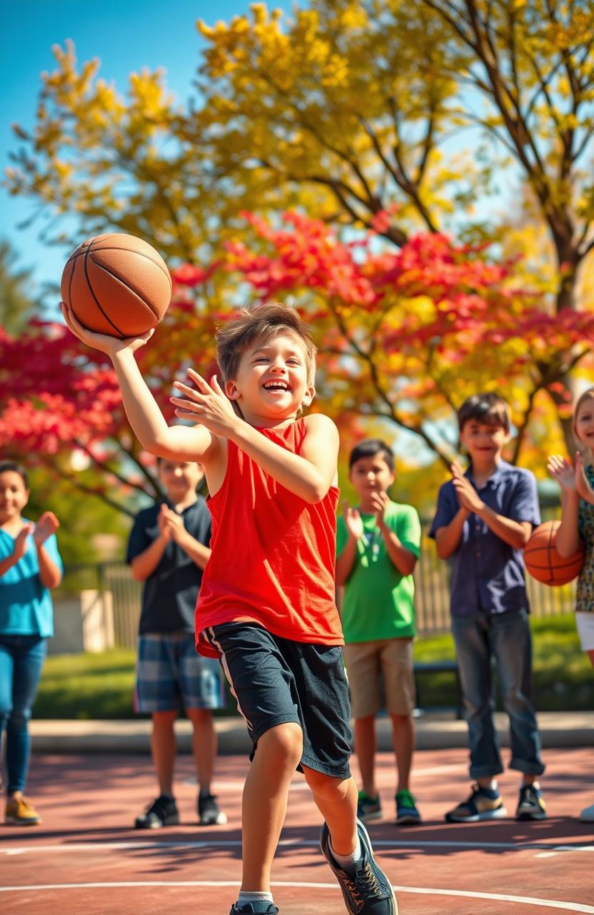 A young boy enthusiastically showcasing his basketball skills on an outdoor court, surrounded by a group of friends who are cheering him on