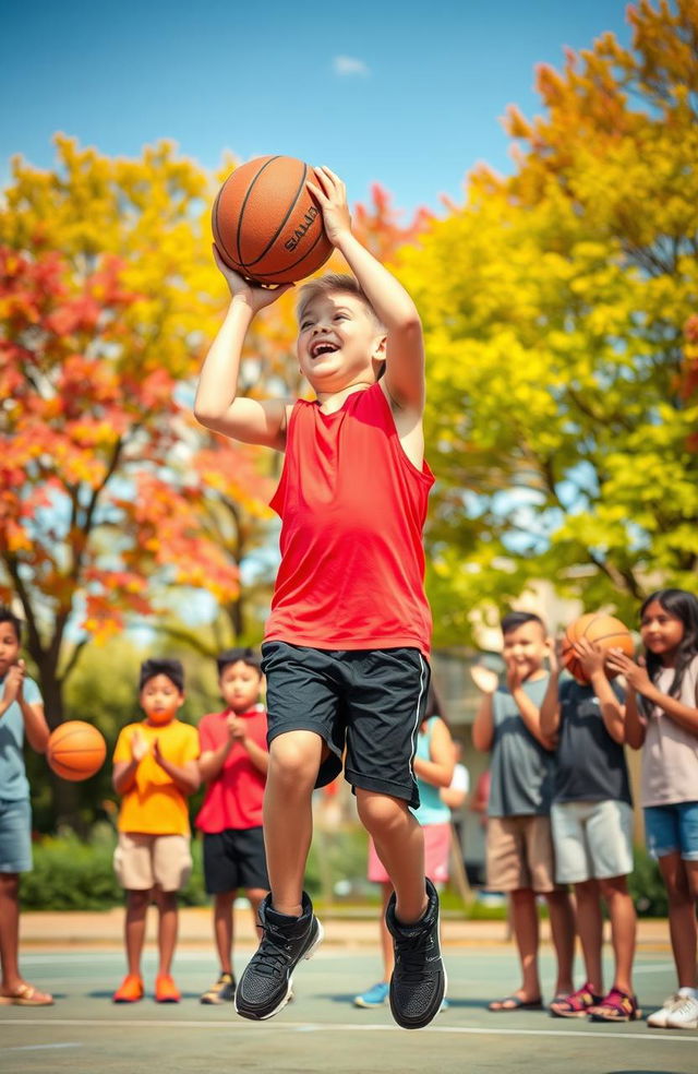 A young boy enthusiastically showcasing his basketball skills on an outdoor court, surrounded by a group of friends who are cheering him on